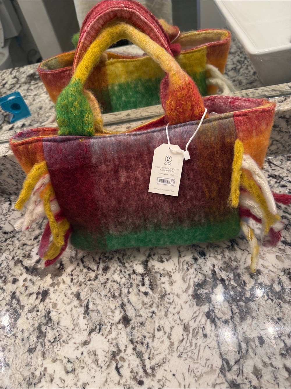 Multicolor Felt Fringe Tote Bag..new .. bought at a boutique .. soft colorful ..